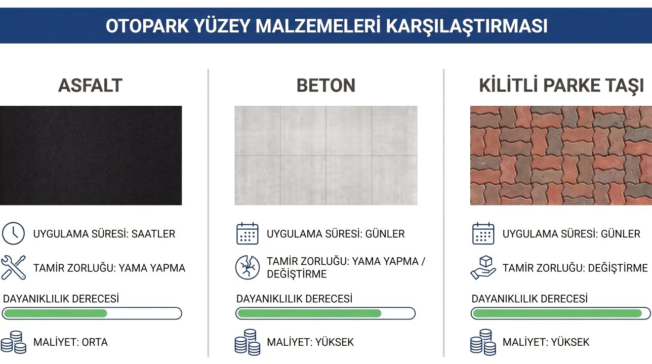 Park alanı için asfalt, beton ve parke taşı seçeneklerinin bedel, dayanım ve tamir güçlüğü yönünden kıyaslandığı görsel.